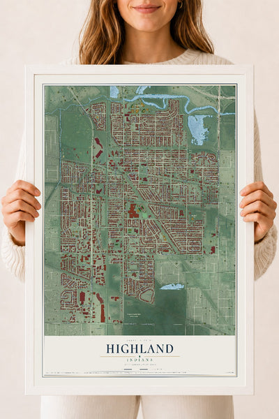 Map of Highland, Indiana, 18 x 24 inch print in a white wood frame