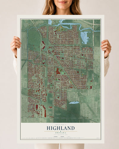 Map of Highland, Indiana, 24 x 36 inch unframed archival matte print