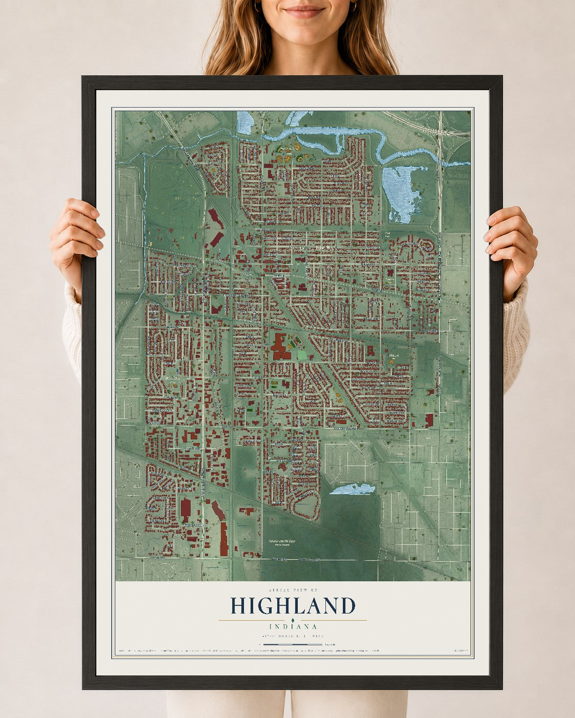 Map of Highland, Indiana, 24 x 36 inch print in a black wood frame