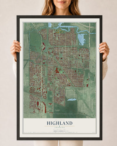 Map of Highland, Indiana, 24 x 36 inch print in a black wood frame