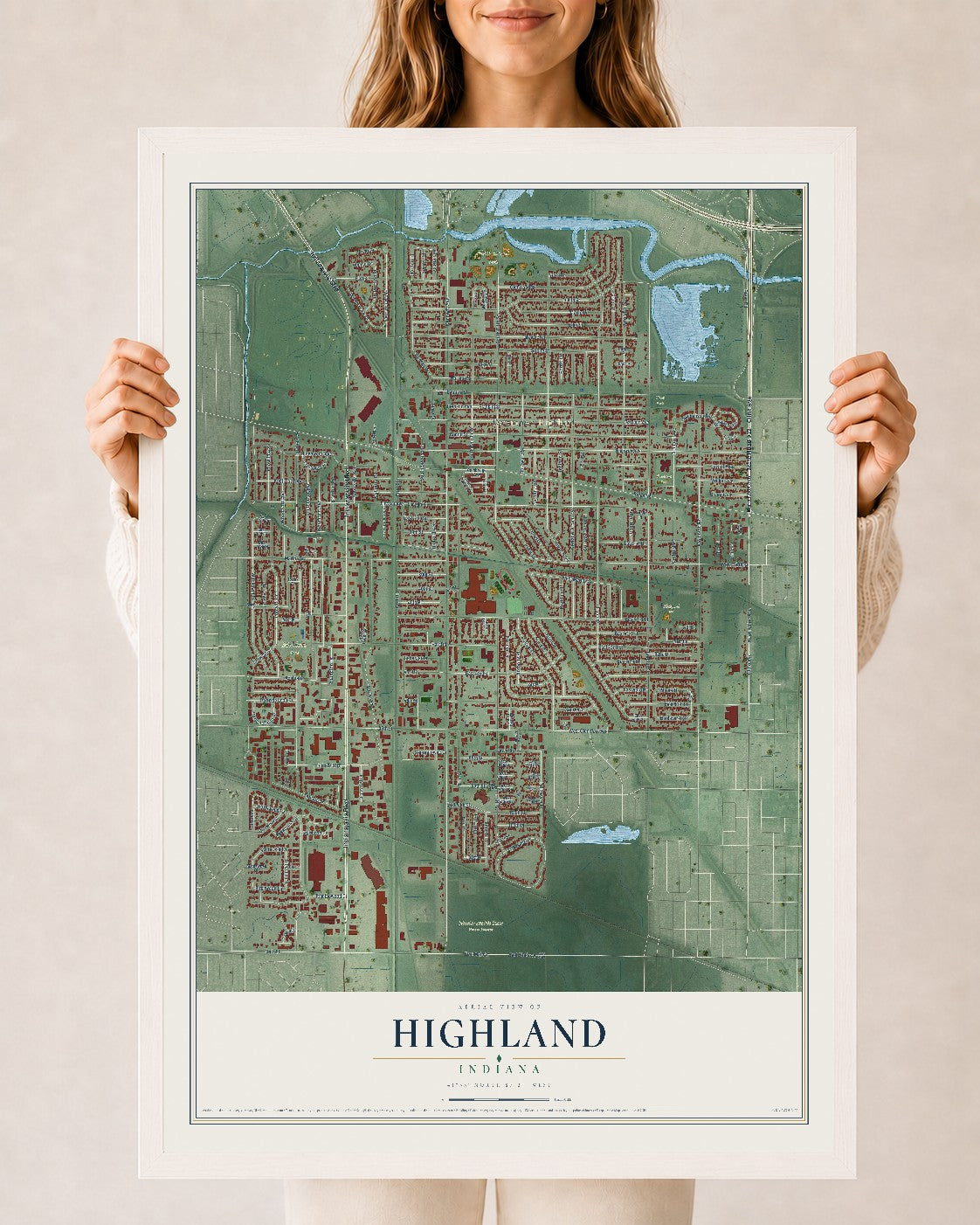 Map of Highland, Indiana, 24 x 36 inch print in a white wood frame