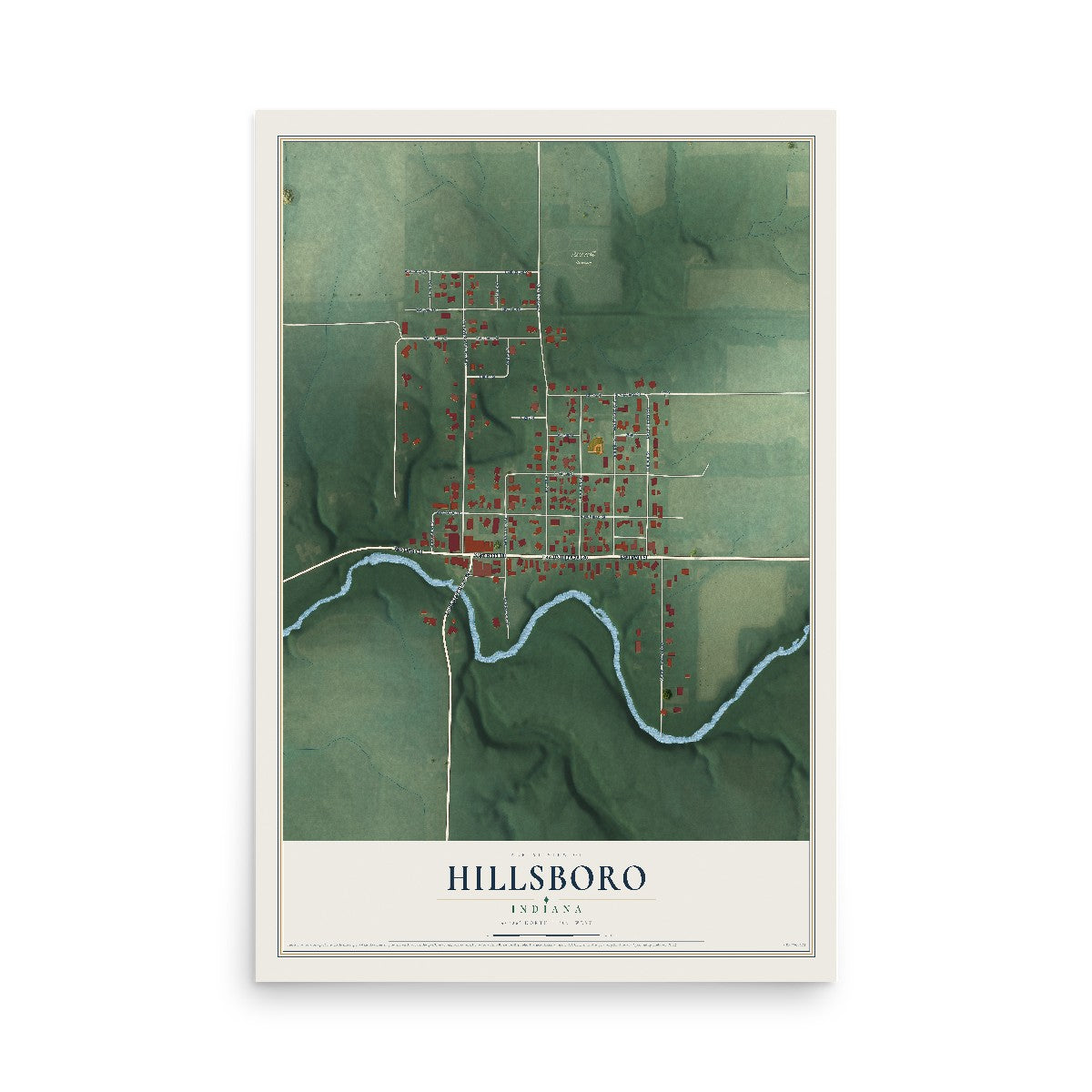 Map of Hillsboro, Indiana, 12 x 18 inch unframed archival matte print