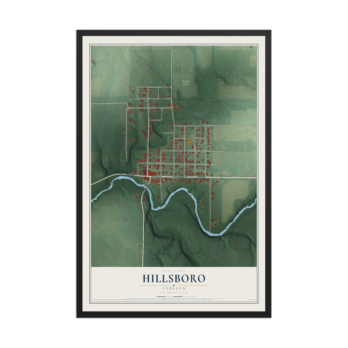 Map of Hillsboro, Indiana, 12 x 18 inch print in a black wood frame