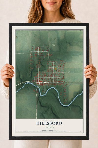 Map of Hillsboro, Indiana, 18 x 24 inch print in a black wood frame