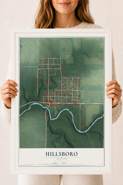 Map of Hillsboro, Indiana, 18 x 24 inch print in a white wood frame