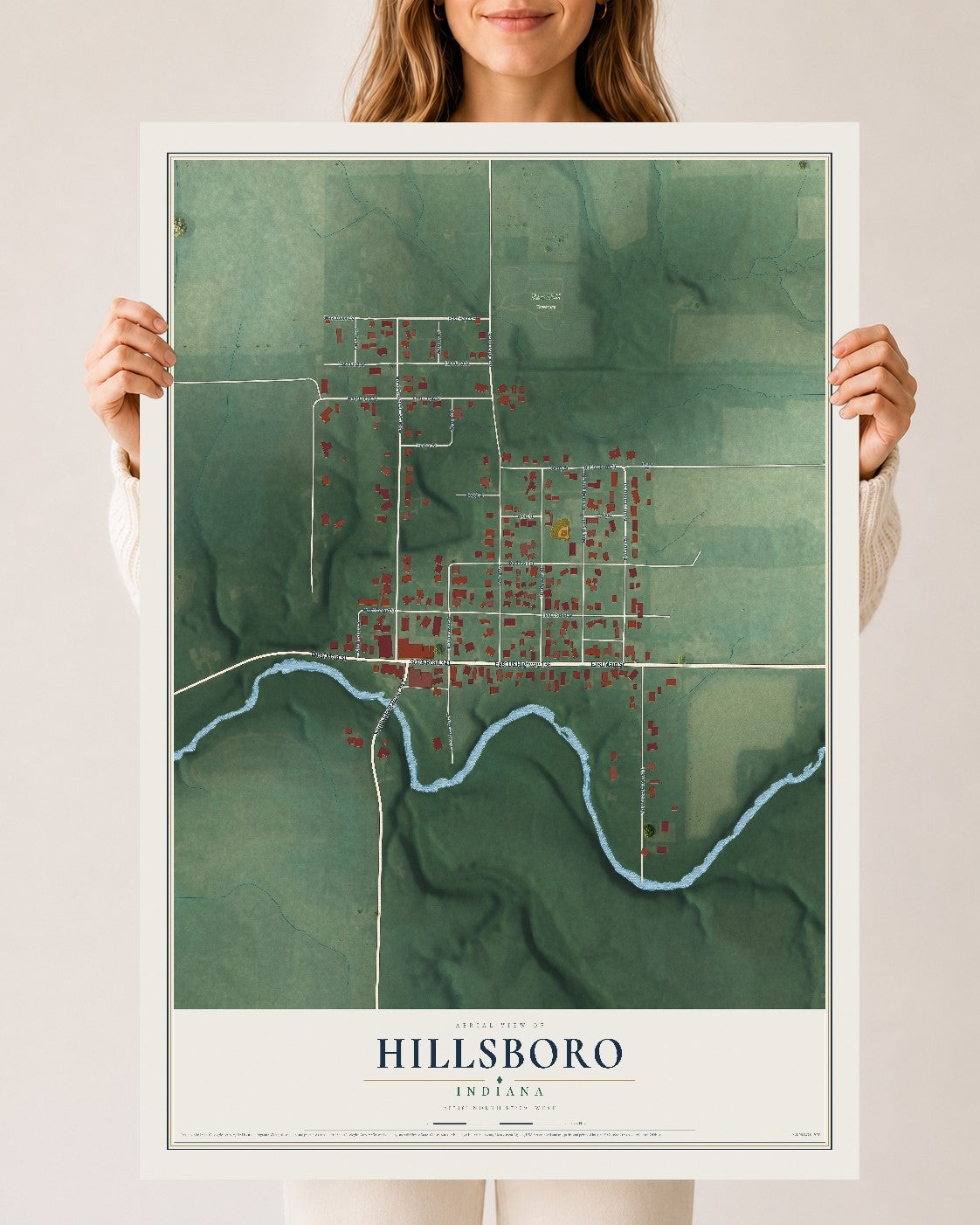 Map of Hillsboro, Indiana, 24 x 36 inch unframed archival matte print