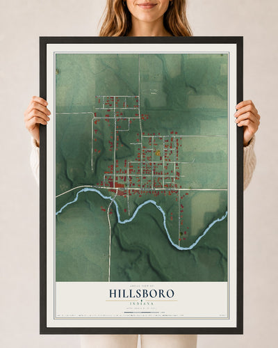 Map of Hillsboro, Indiana, 24 x 36 inch print in a black wood frame