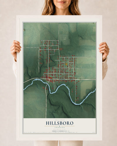 Map of Hillsboro, Indiana, 24 x 36 inch print in a white wood frame
