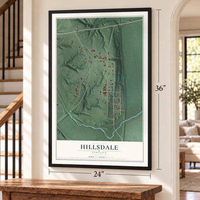 Hillsdale, Indiana map, 24 x 36 inch print in a black frame by a staircase