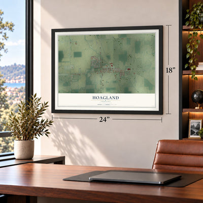 Hoagland, Indiana map, 18 x 24 inch print in a black frame in a home office