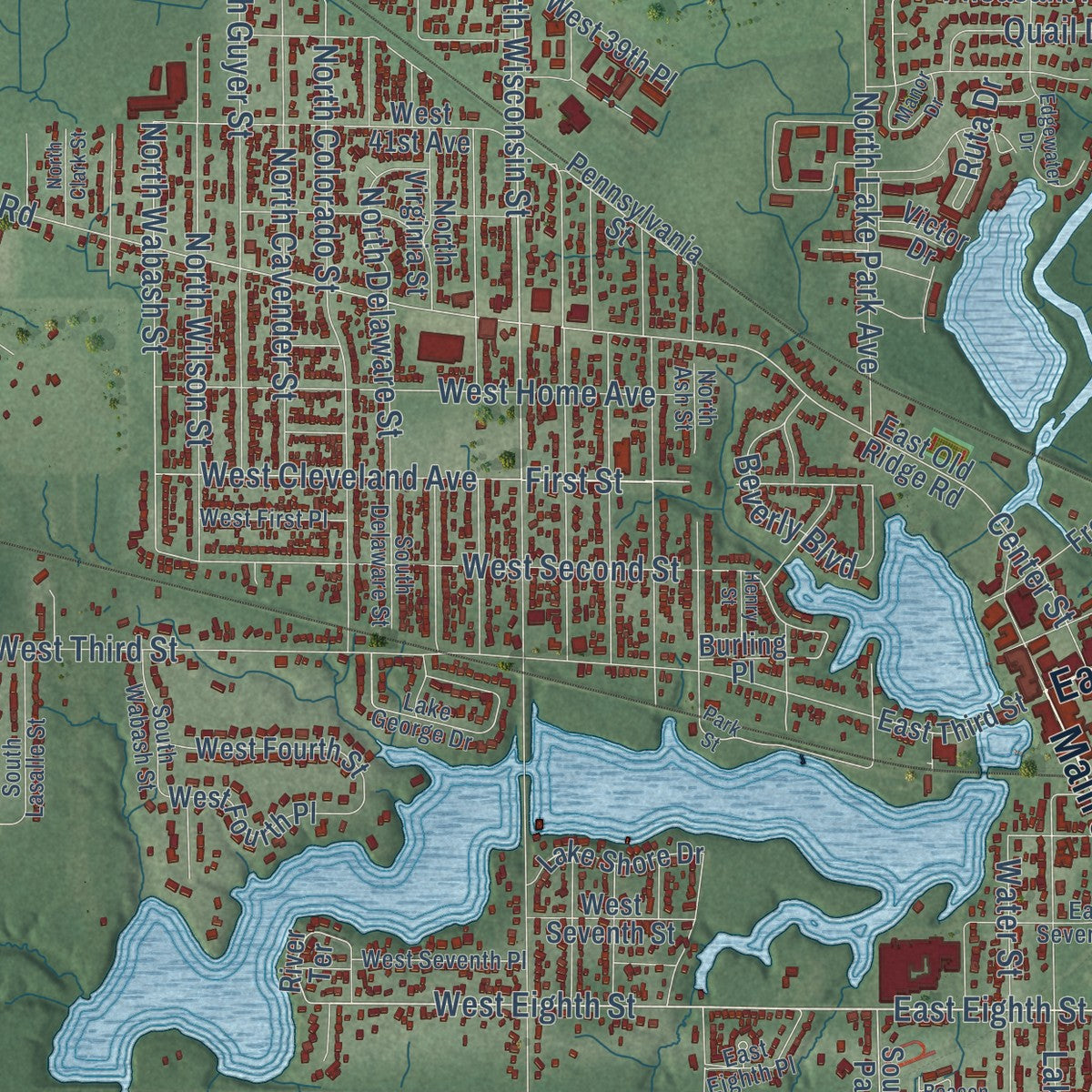 Close-up of the map of Hobart, Indiana print showing street and building detail