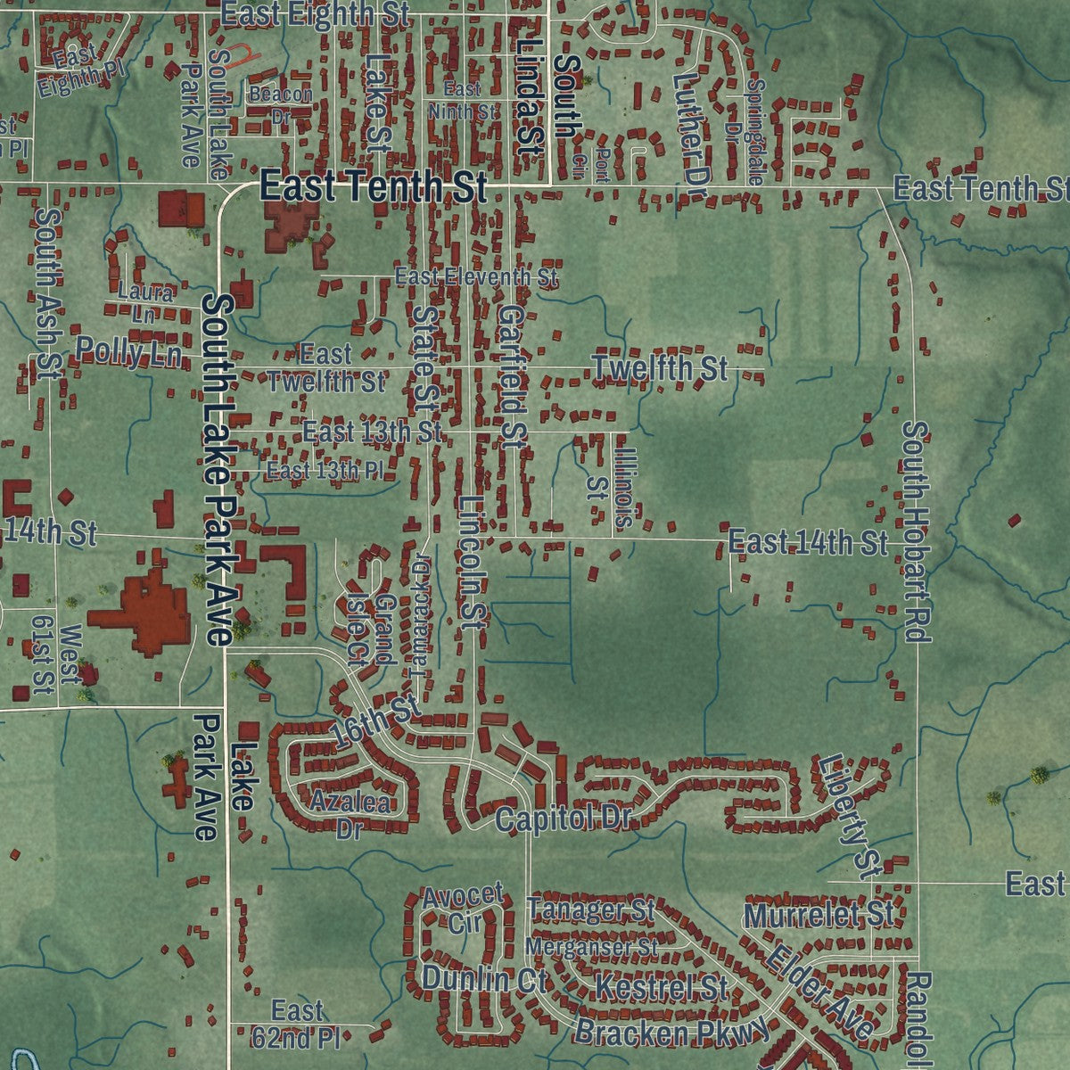 Second close-up of the map of Hobart, Indiana print showing more streets and buildings