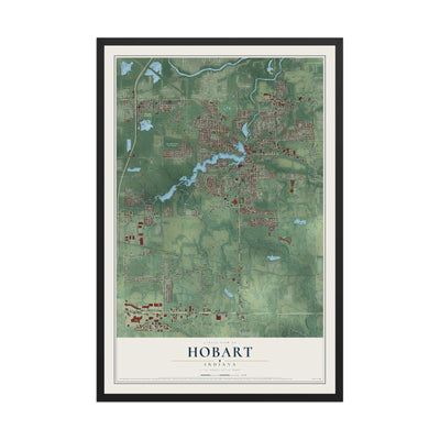 Map of Hobart, Indiana, 12 x 18 inch print in a black wood frame