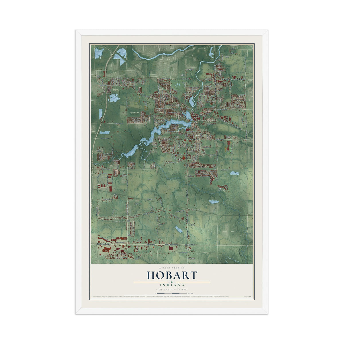 Map of Hobart, Indiana, 12 x 18 inch print in a white wood frame