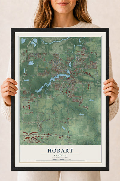 Map of Hobart, Indiana, 18 x 24 inch print in a black wood frame