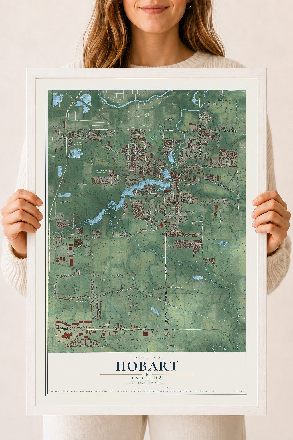 Map of Hobart, Indiana, 18 x 24 inch print in a white wood frame