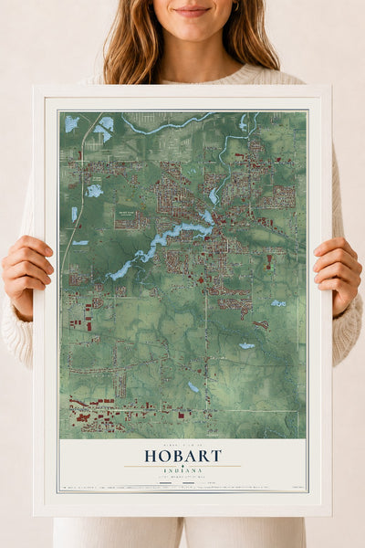 Map of Hobart, Indiana, 18 x 24 inch print in a white wood frame