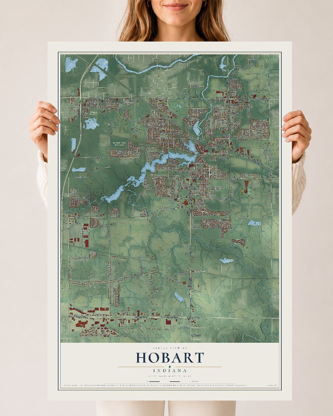 Map of Hobart, Indiana, 24 x 36 inch unframed archival matte print