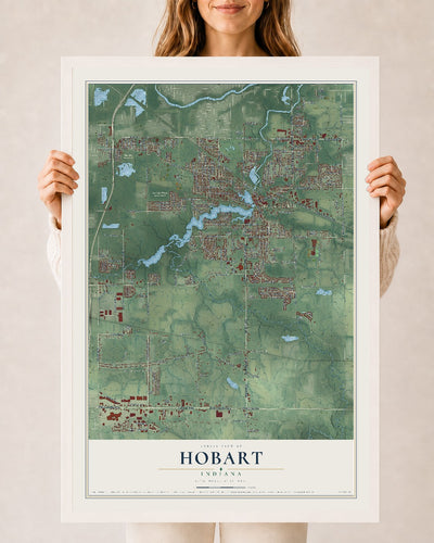 Map of Hobart, Indiana, 24 x 36 inch print in a white wood frame