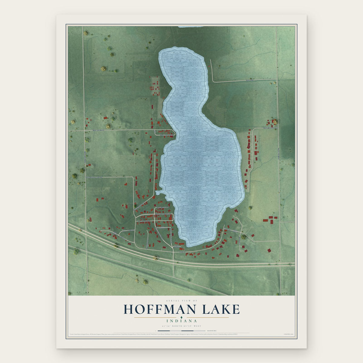 Hoffman Lake, Indiana map print, the full design