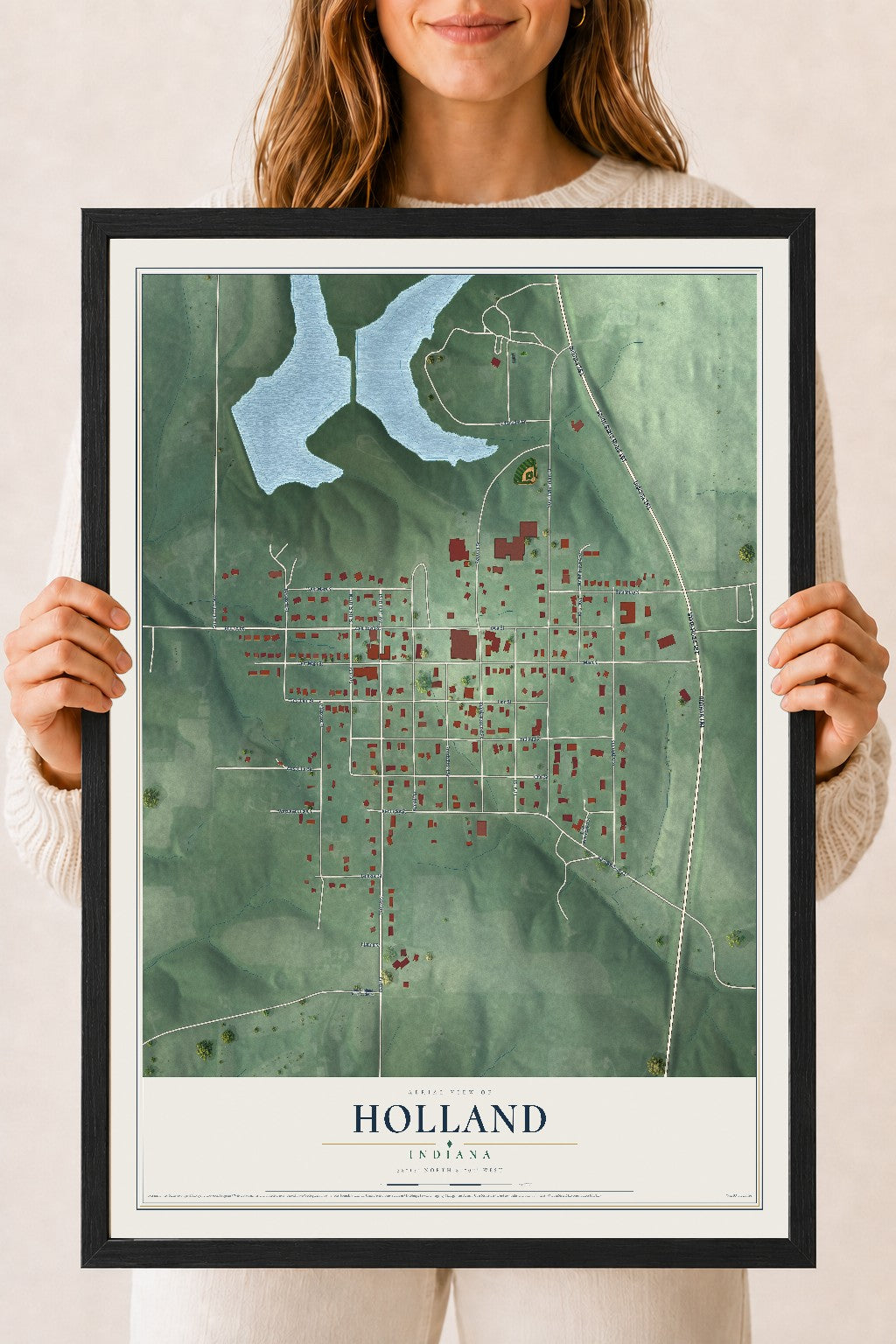 Map of Holland, Indiana, 18 x 24 inch print in a black wood frame