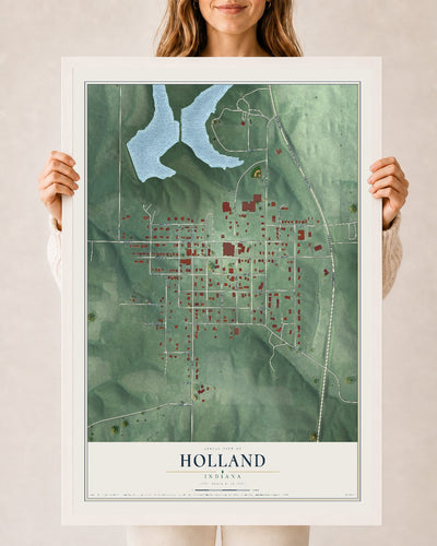 Map of Holland, Indiana, 24 x 36 inch print in a white wood frame