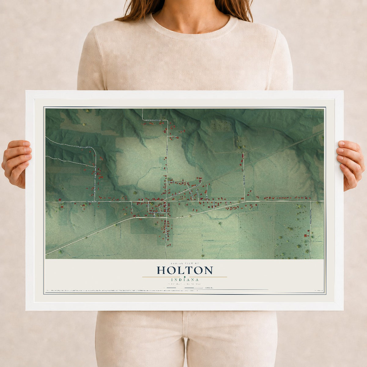 Map of Holton, Indiana, 12 x 18 inch print in a white wood frame