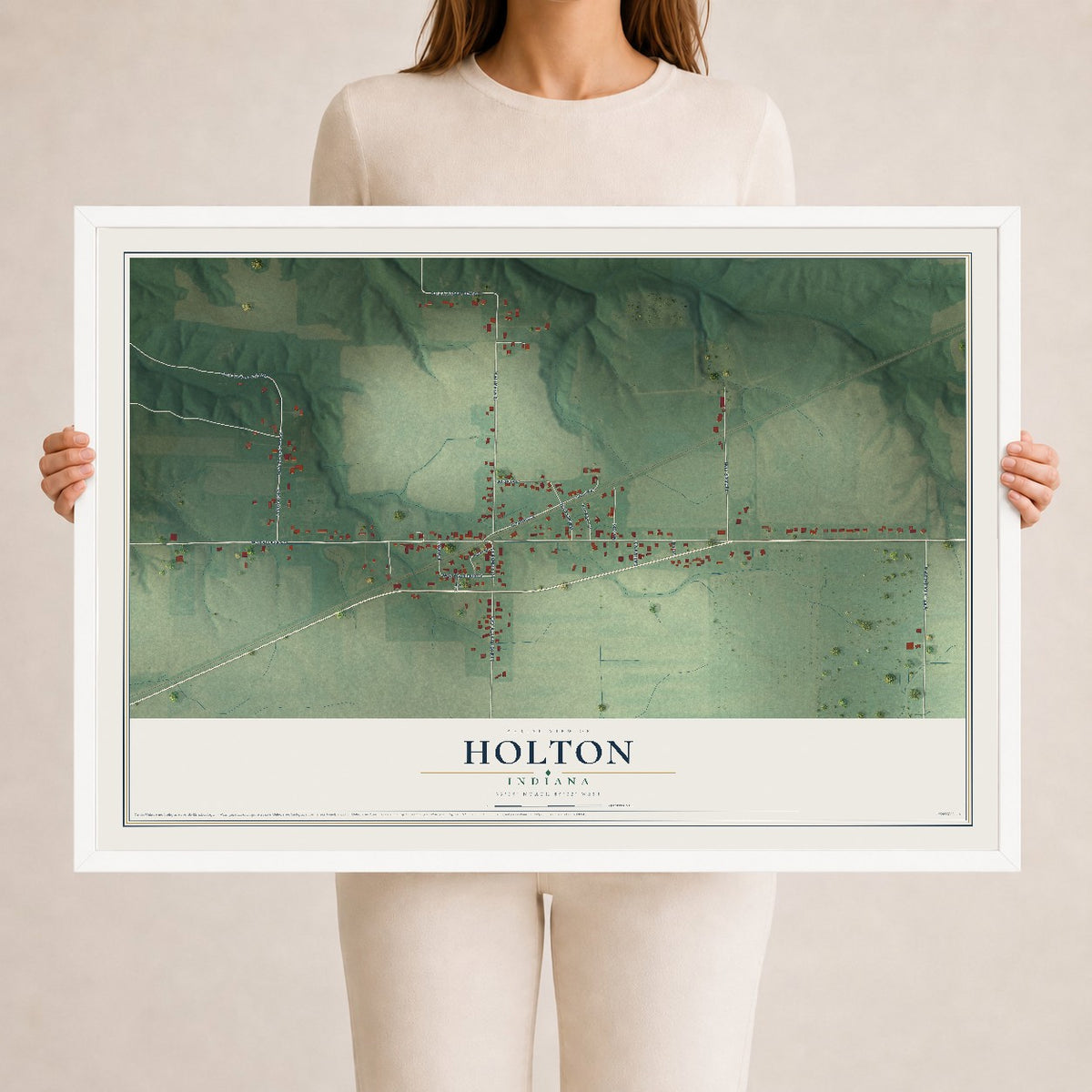 Map of Holton, Indiana, 24 x 36 inch print in a white wood frame