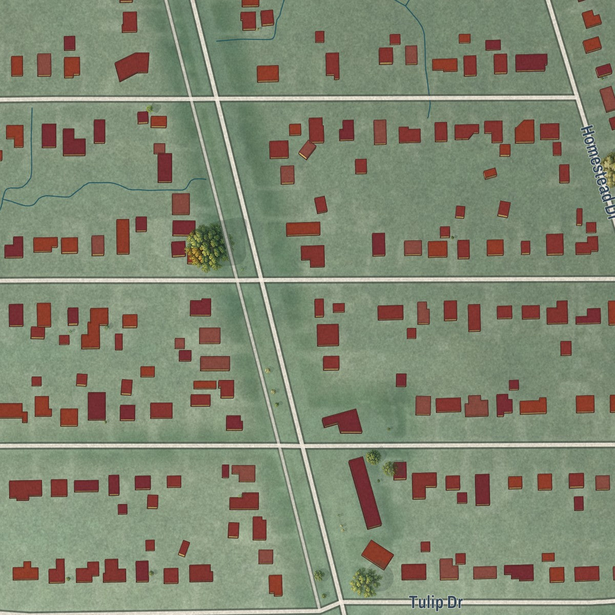 Close-up of the map of Homecroft, Indiana print showing street and building detail