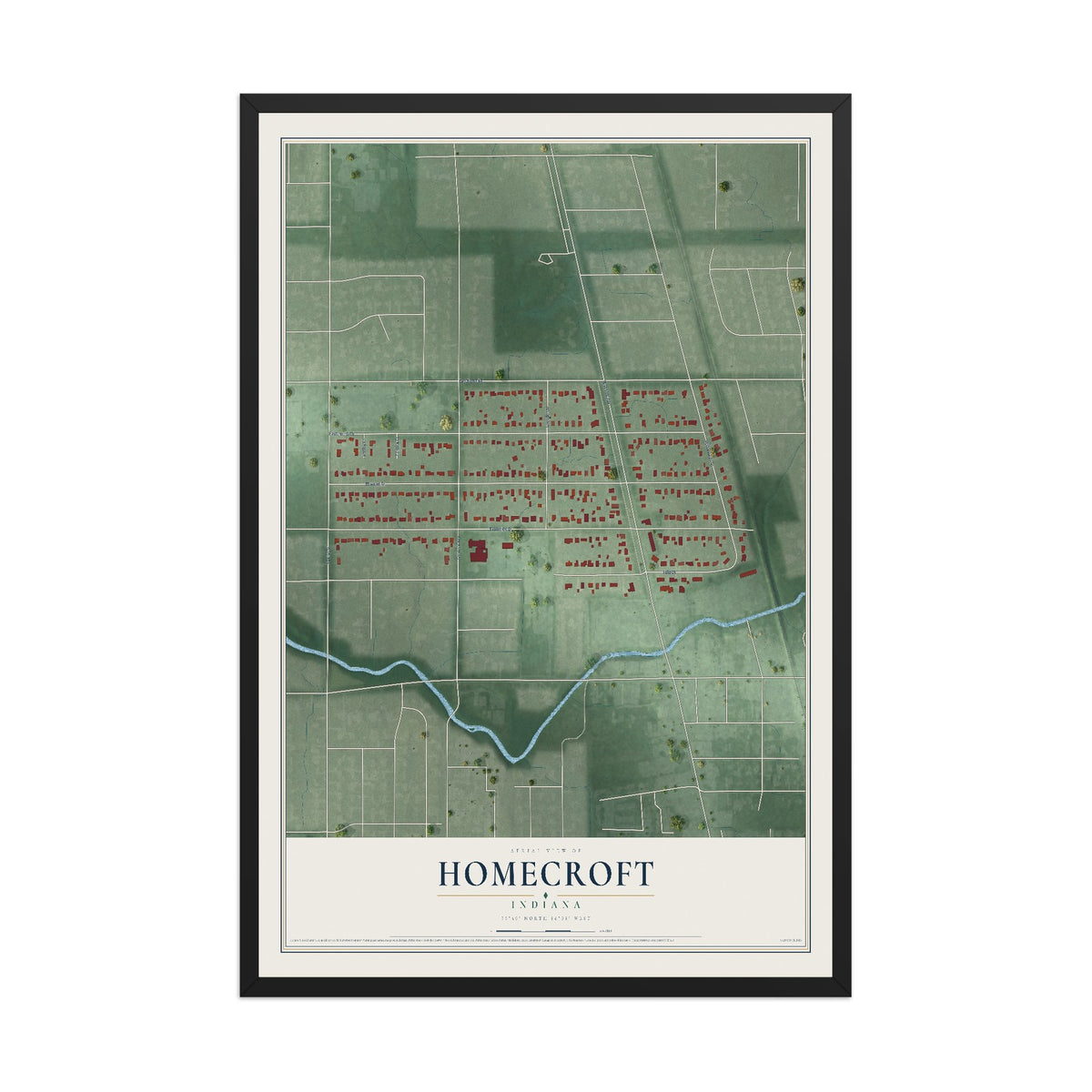 Map of Homecroft, Indiana, 12 x 18 inch print in a black wood frame