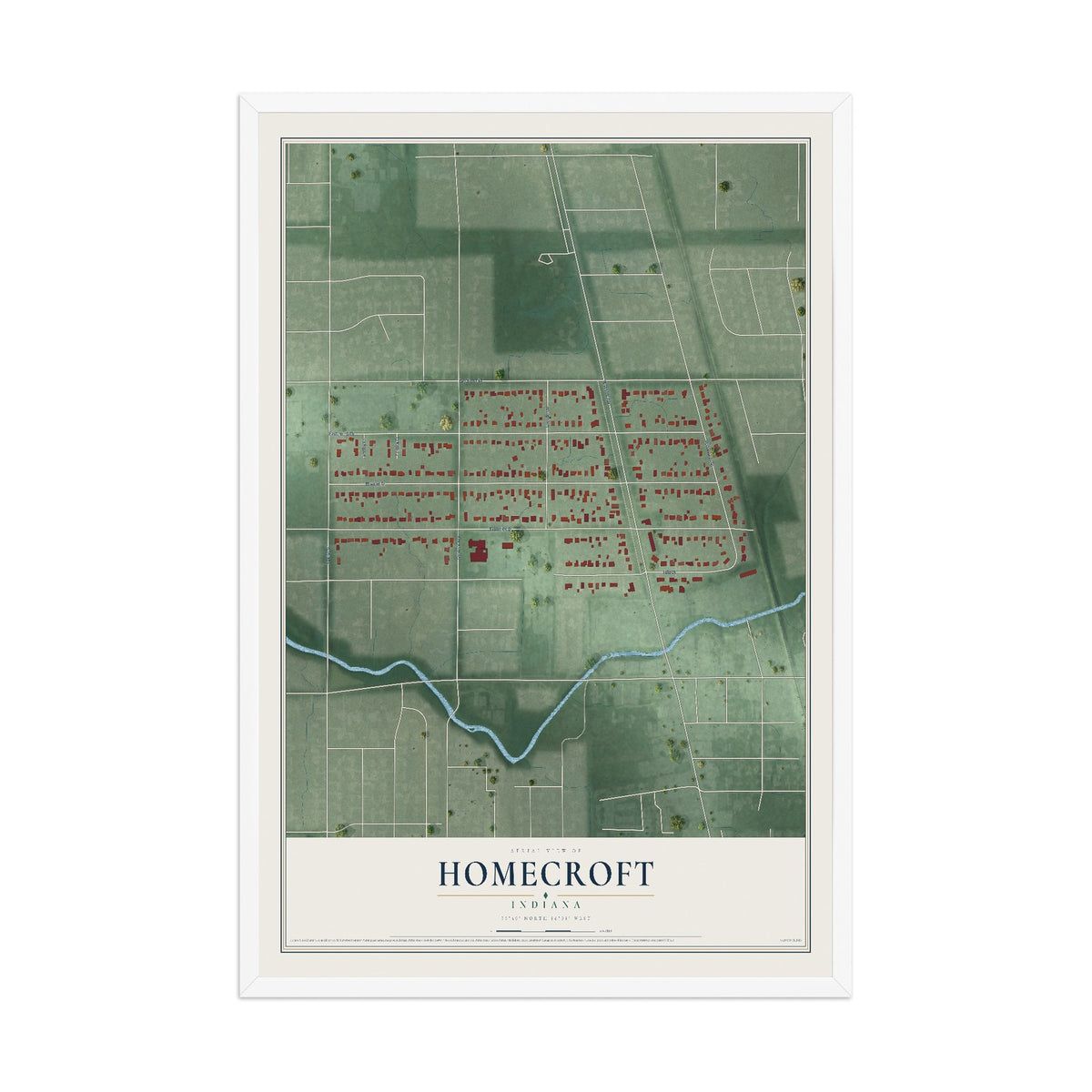 Map of Homecroft, Indiana, 12 x 18 inch print in a white wood frame