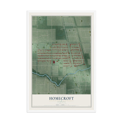 Map of Homecroft, Indiana, 12 x 18 inch print in a white wood frame