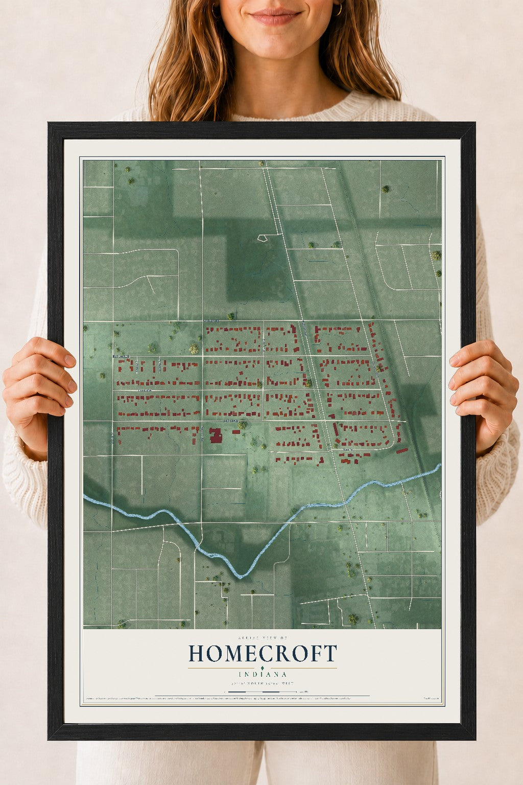 Map of Homecroft, Indiana, 18 x 24 inch print in a black wood frame