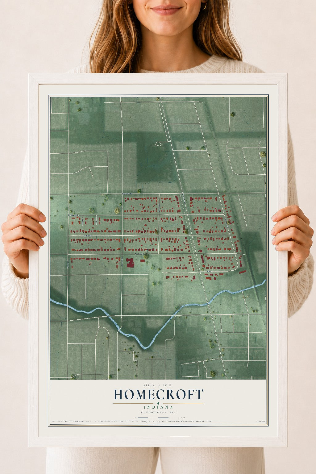 Map of Homecroft, Indiana, 18 x 24 inch print in a white wood frame