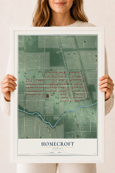 Map of Homecroft, Indiana, 18 x 24 inch print in a white wood frame