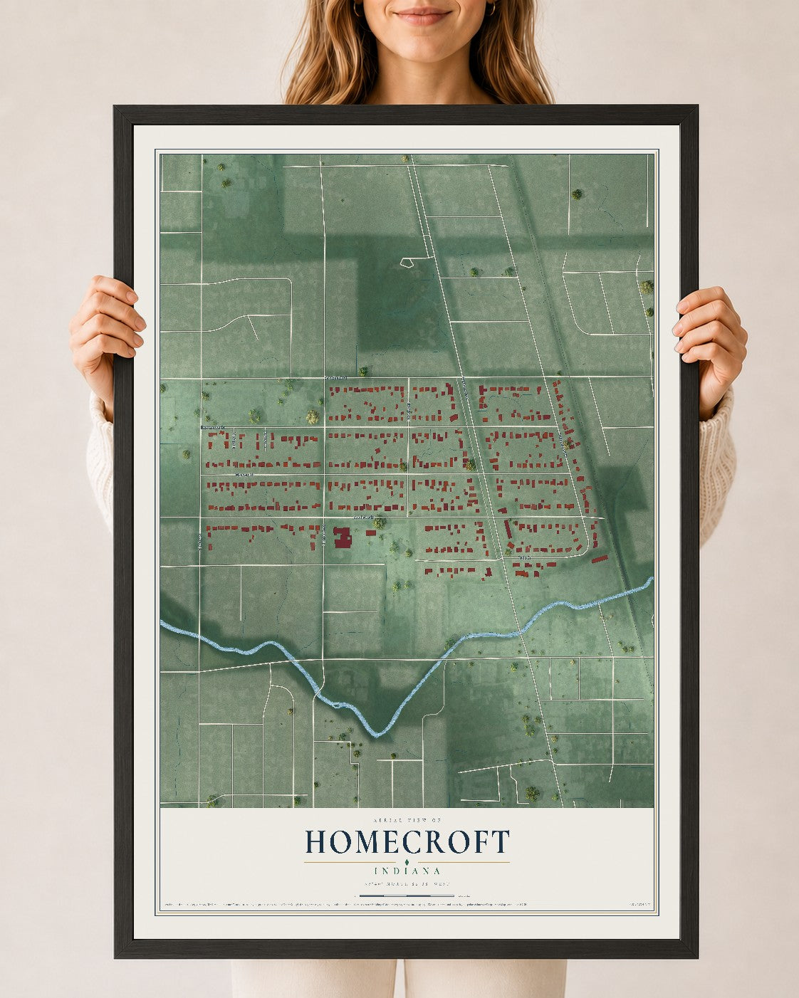 Map of Homecroft, Indiana, 24 x 36 inch print in a black wood frame
