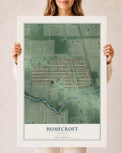 Map of Homecroft, Indiana, 24 x 36 inch print in a white wood frame