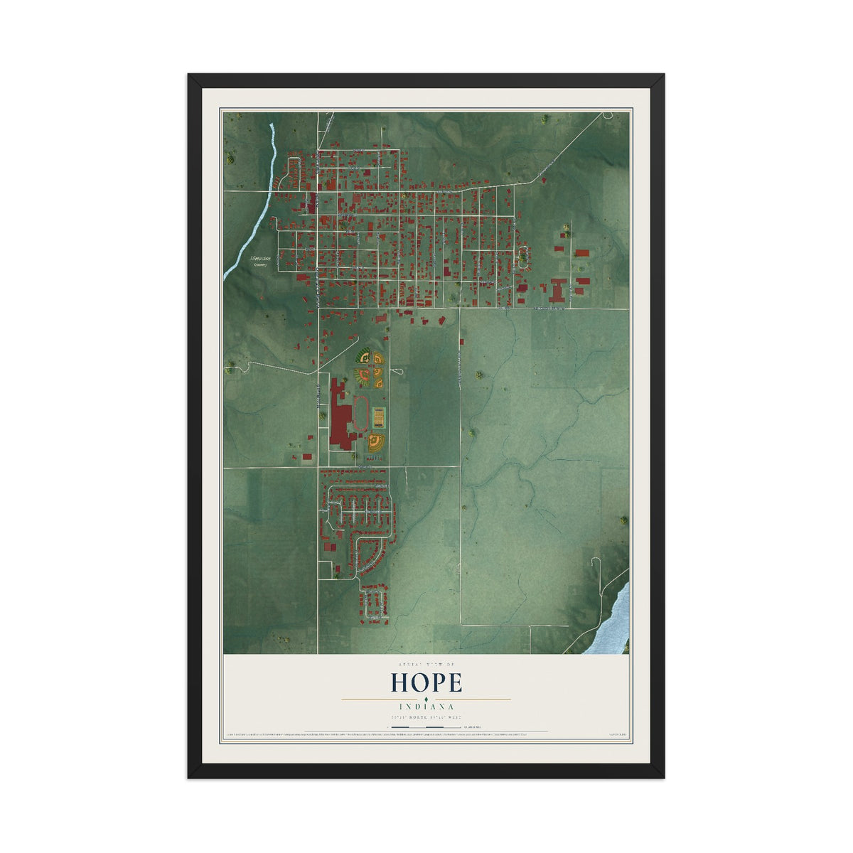 Map of Hope, Indiana, 12 x 18 inch print in a black wood frame