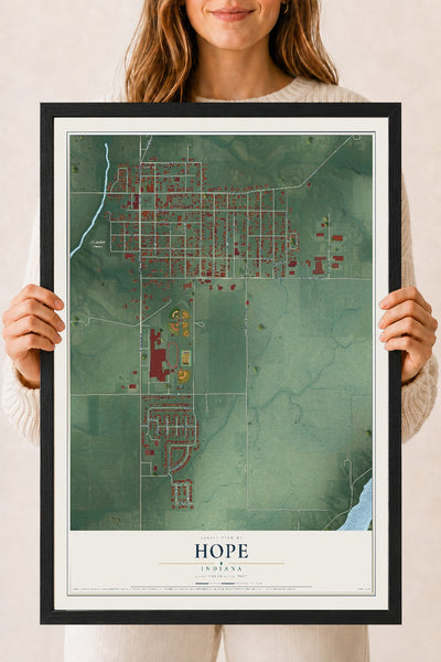 Map of Hope, Indiana, 18 x 24 inch print in a black wood frame