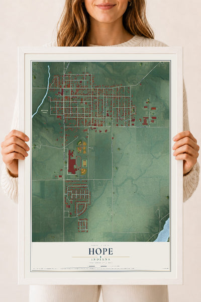 Map of Hope, Indiana, 18 x 24 inch print in a white wood frame