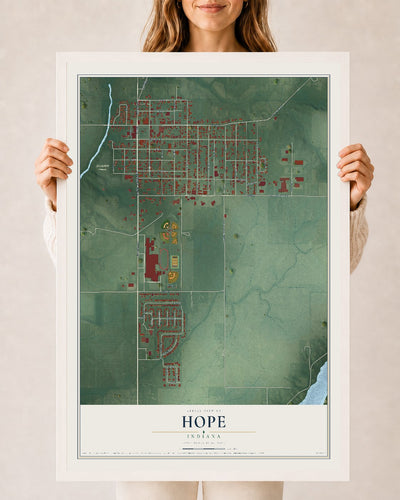 Map of Hope, Indiana, 24 x 36 inch print in a white wood frame