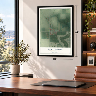 Hortonville, Indiana map, 18 x 24 inch print in a black frame in a home office