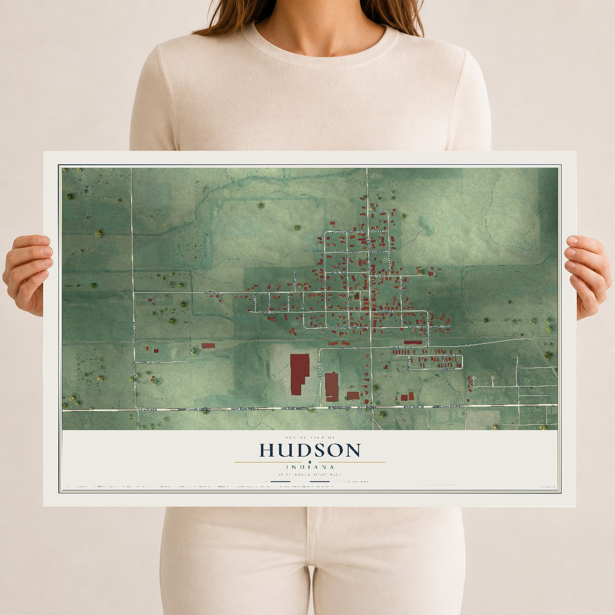 Map of Hudson, Indiana, 12 x 18 inch unframed archival matte print