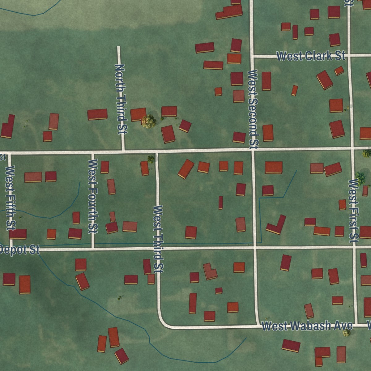 Second close-up of the map of Hudson, Indiana print showing more streets and buildings