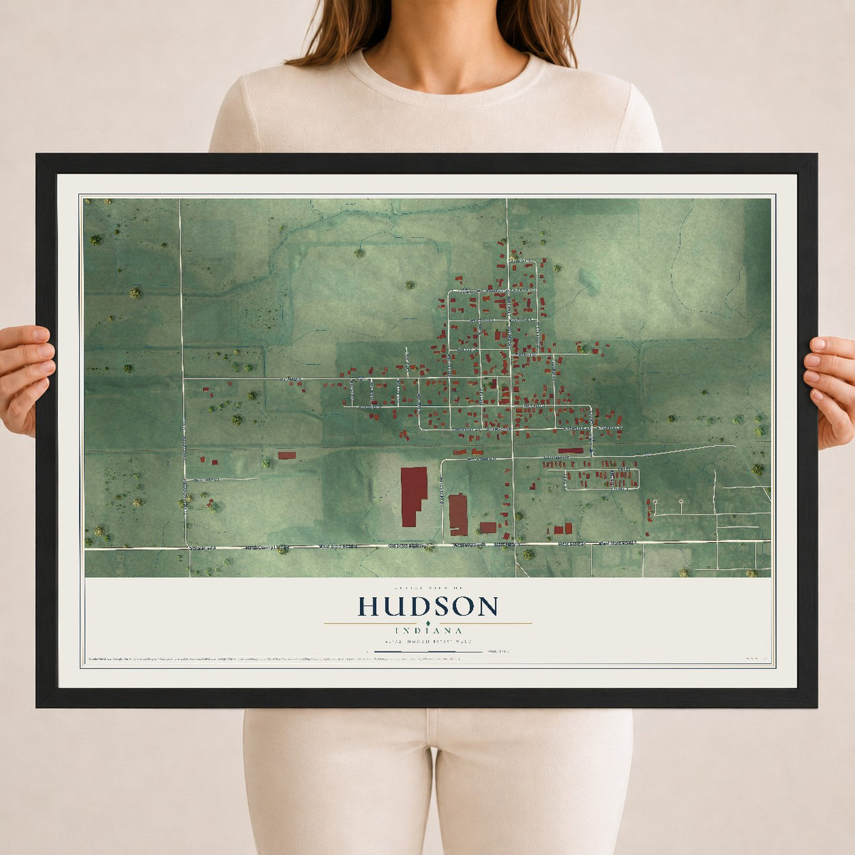 Map of Hudson, Indiana, 18 x 24 inch print in a black wood frame