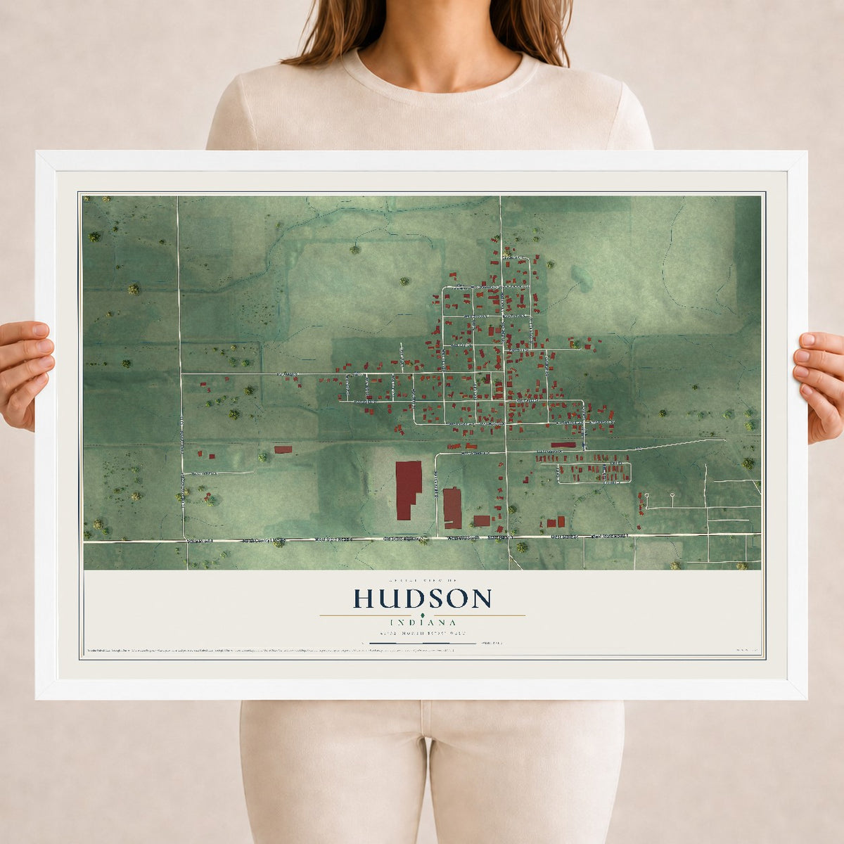 Map of Hudson, Indiana, 18 x 24 inch print in a white wood frame