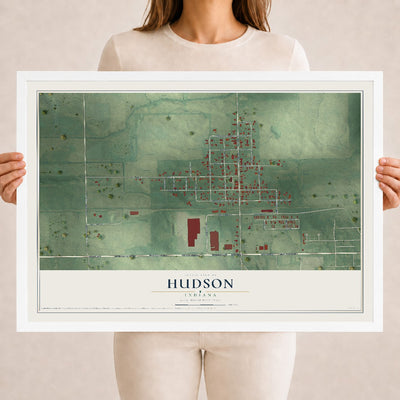 Map of Hudson, Indiana, 18 x 24 inch print in a white wood frame
