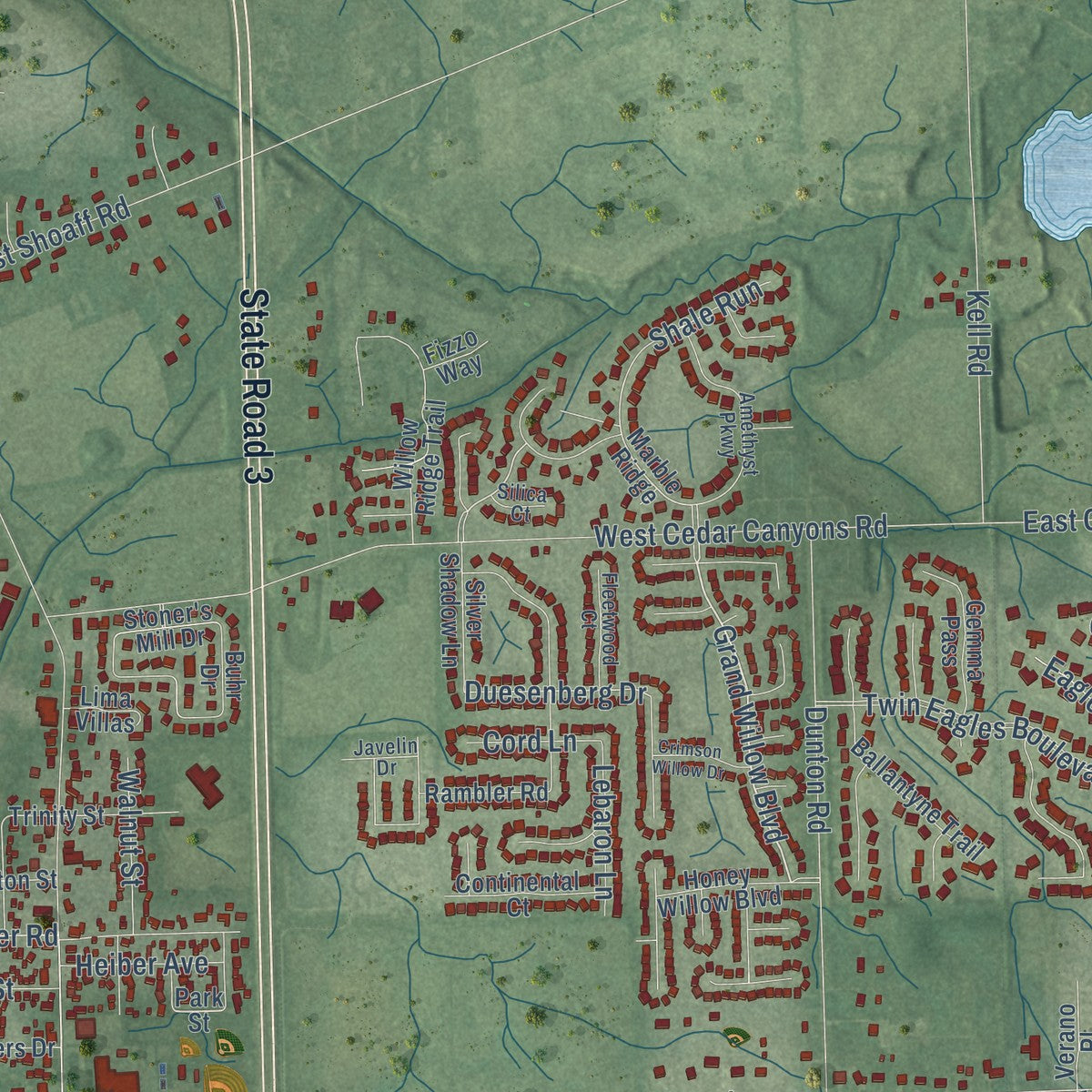 Close-up of the map of Huntertown, Indiana print showing street and building detail