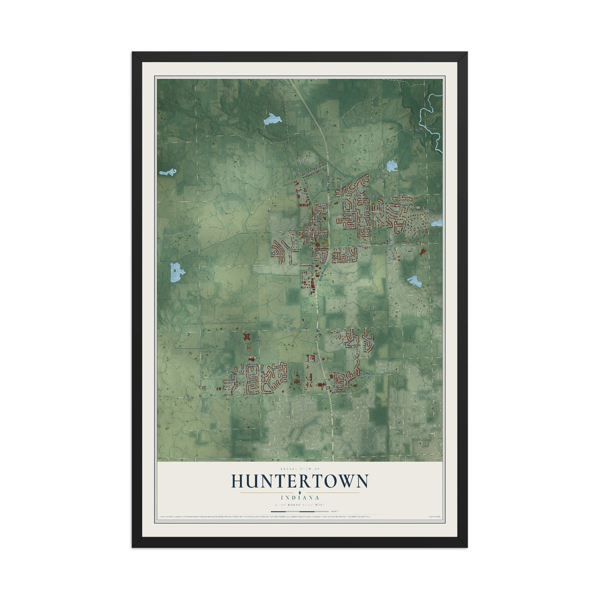 Map of Huntertown, Indiana, 12 x 18 inch print in a black wood frame