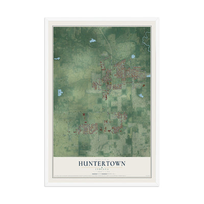 Map of Huntertown, Indiana, 12 x 18 inch print in a white wood frame